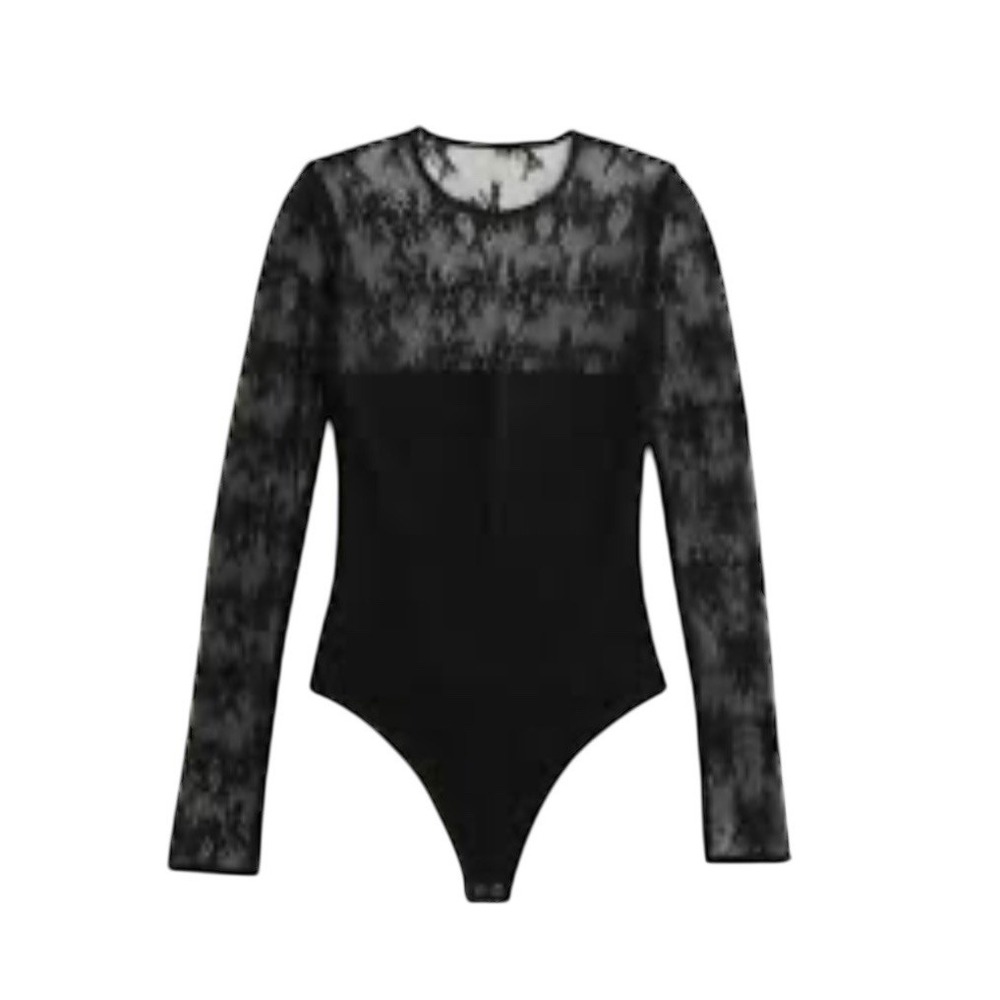 ABERCROMBIE & FITCH Women's L‎ Bodysuit Black Lace Sleeves Lined Slim